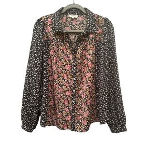 Umgee Boho Black Pink Floral Blouse Boxy Collared Button Down Top Oversized M